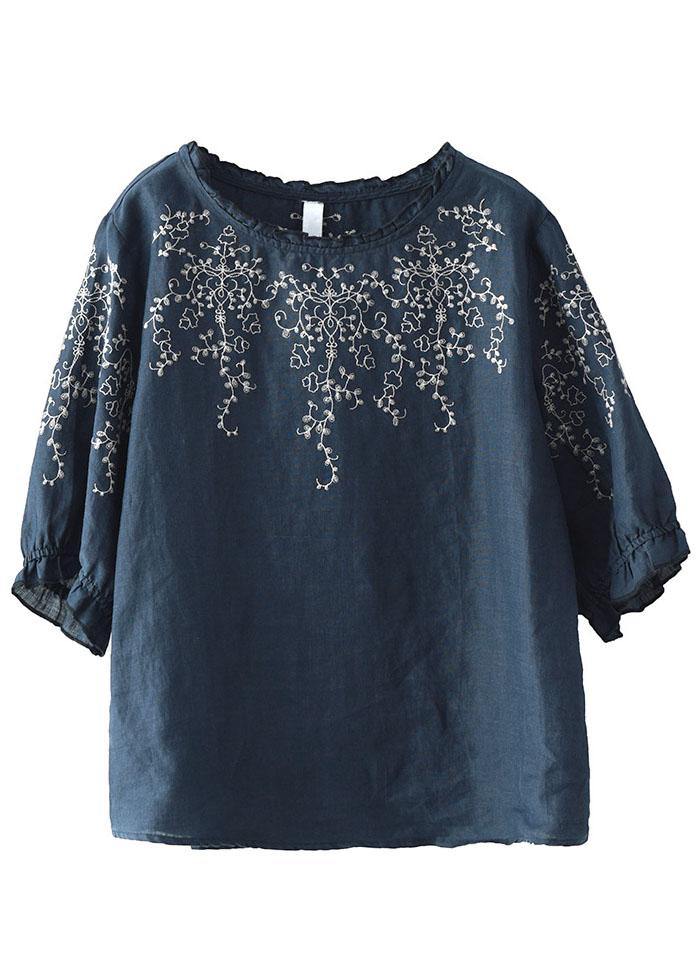 Handmade Navy lantern Sleeve O-Neck Embroideried Summer Ramie Blouses - bagstylebliss