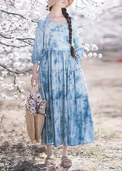 Handmade O-Neck Drawstring Summer Soft Long Blue Dress - bagstylebliss