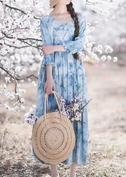 Handmade O-Neck Drawstring Summer Soft Long Blue Dress - bagstylebliss