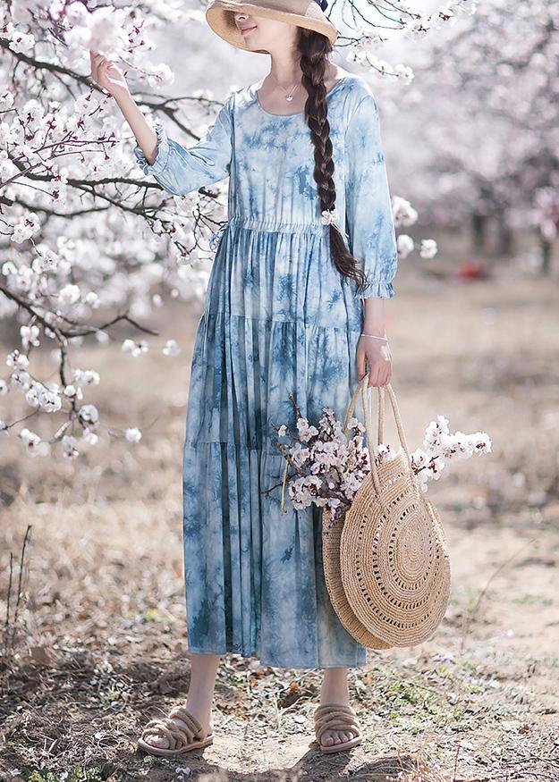 Handmade O-Neck Drawstring Summer Soft Long Blue Dress - bagstylebliss