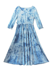 Handmade O-Neck Drawstring Summer Soft Long Blue Dress - bagstylebliss