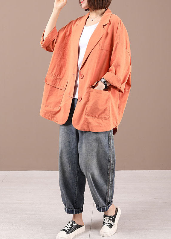 Handmade Orange Loose Button Pockets Fall Coats Long Sleeve