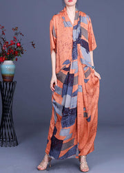 Handmade Orange Print asymmetrical design Loose Long Summer Dress - bagstylebliss