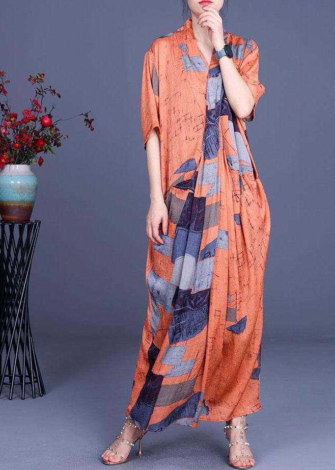 Handmade Orange Print asymmetrical design Loose Long Summer Dress - bagstylebliss