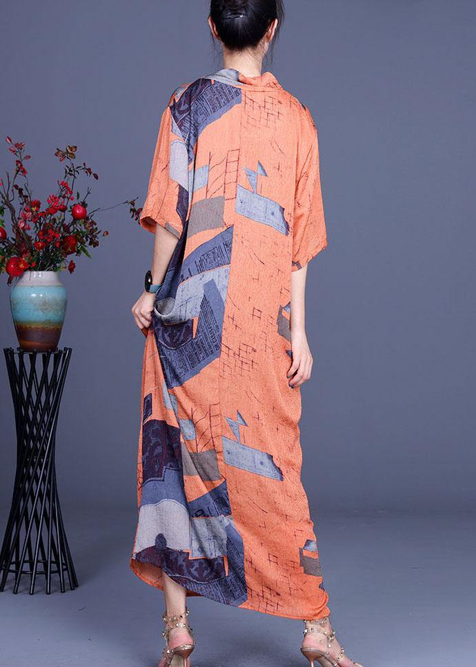 Handmade Orange Print asymmetrical design Loose Long Summer Dress - bagstylebliss