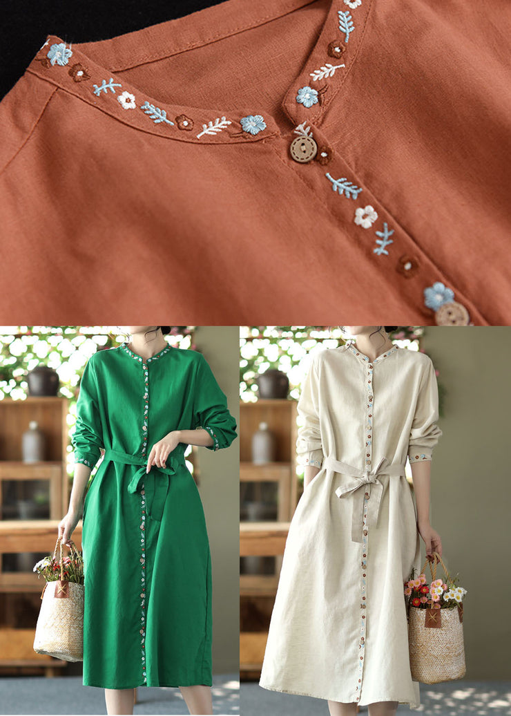 Handmade Orange Stand Collar Embroideried Linen Vacation Dresses Long Sleeve