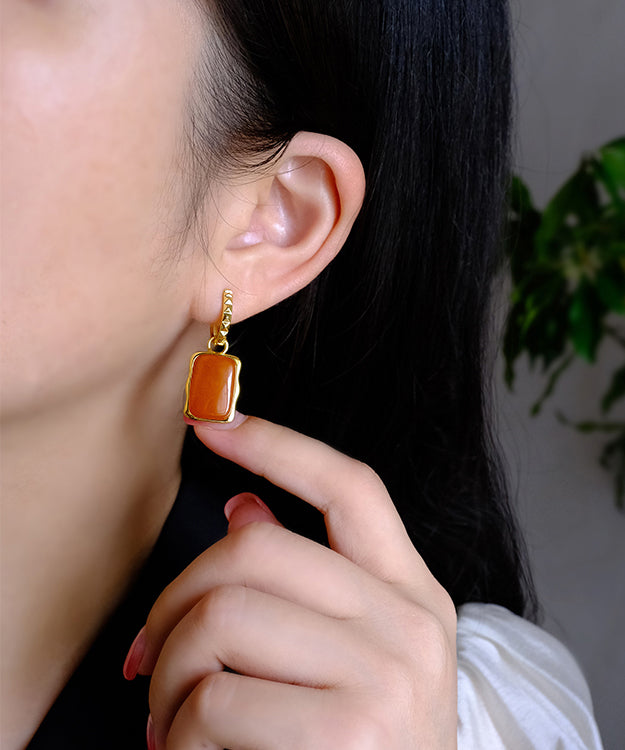 Handmade Orange Sterling Silver Overgild Beeswax Square Hoop Earrings