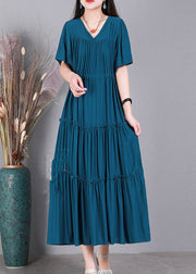 Handmade Peacock Blue V Neck Solid Color Cotton Maxi Dresses Short Sleeve