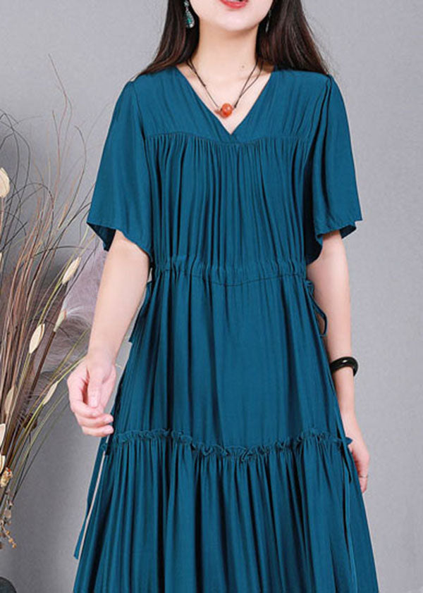 Handmade Peacock Blue V Neck Solid Color Cotton Maxi Dresses Short Sleeve