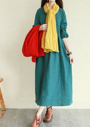 Handmade Peacock Green O-Neck button Cinched Long Dresses Long Sleeve