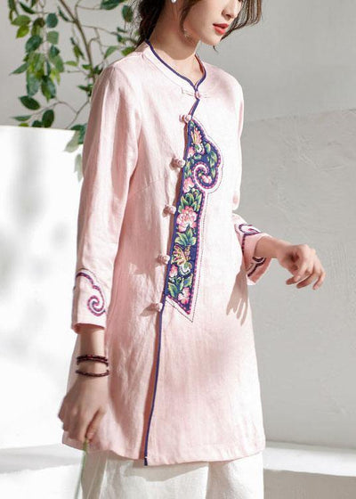 Handmade Pink Button Embroideried Summer Linen Blouses - bagstylebliss