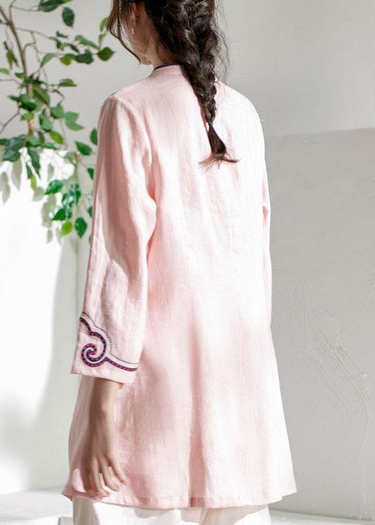 Handmade Pink Button Embroideried Summer Linen Blouses - bagstylebliss