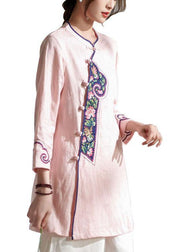 Handmade Pink Button Embroideried Summer Linen Blouses - bagstylebliss