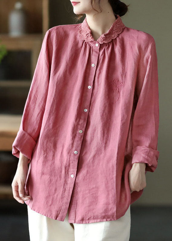 Handmade Pink Embroidered Lace Patchwork Linen Shirts Long Sleeve