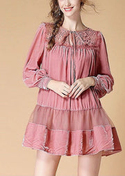 Handmade Pink Embroideried Patchwork wrinkled Fall Long sleeve Dress