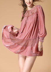 Handmade Pink Embroideried Patchwork wrinkled Fall Long sleeve Dress