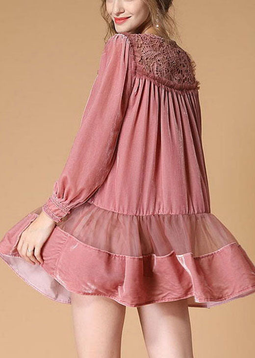 Handmade Pink Embroideried Patchwork wrinkled Fall Long sleeve Dress