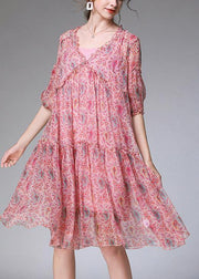 Handmade Pink Print Chiffon Patchwork Summer Ankle Dress - bagstylebliss