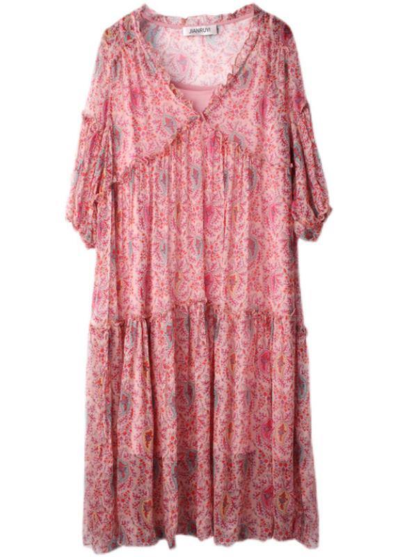 Handmade Pink Print Chiffon Patchwork Summer Ankle Dress - bagstylebliss