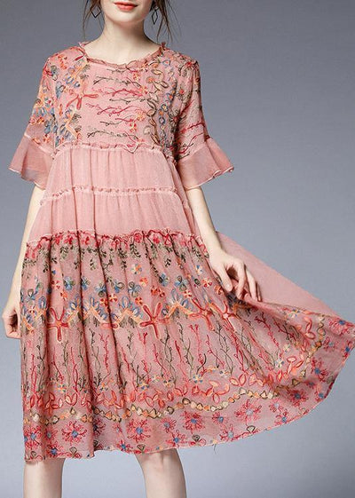Handmade Pink Print Chiffon Rufflesflare Sleeve Summer Mid Dress - bagstylebliss