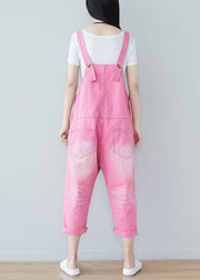 Handmade Pink Print Denim Straight Jumpsuits Spring