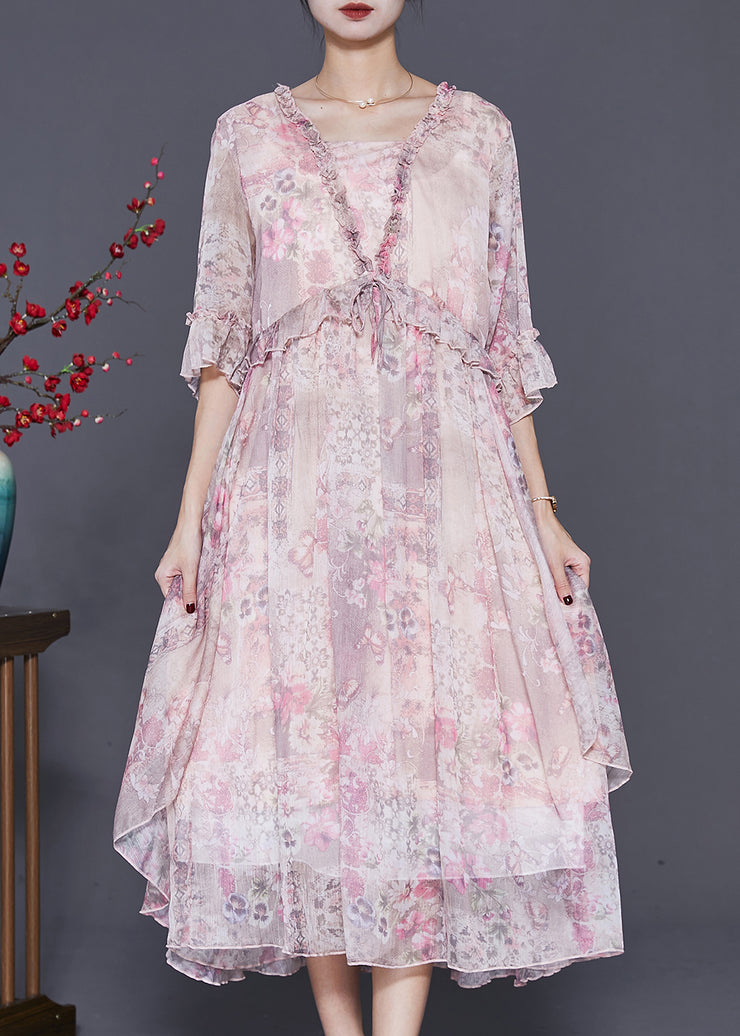 Handmade Pink Ruffled Print Chiffon Holiday Dress Spring