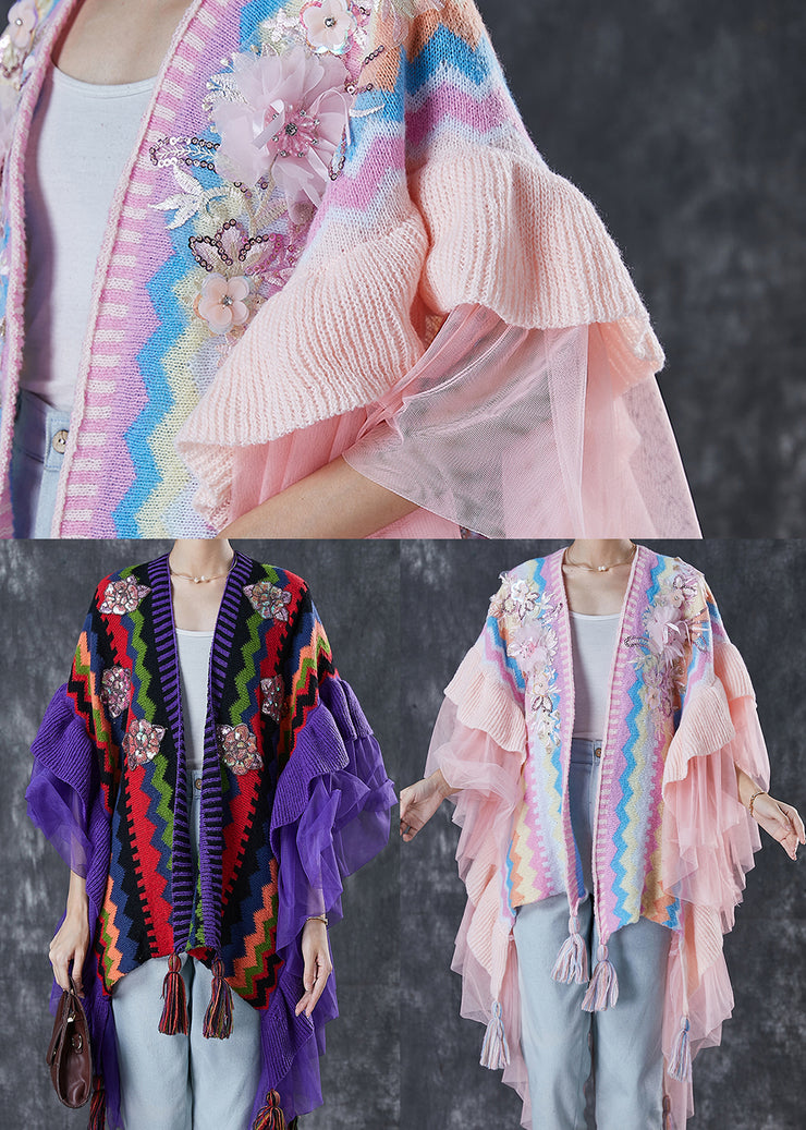 Handmade Pink Ruffles Patchwork Print Knit Shawl Spring