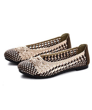 Handmade Pointed Toe Flat Shoes For Women Beige Chocolate Knit Fabric Flats