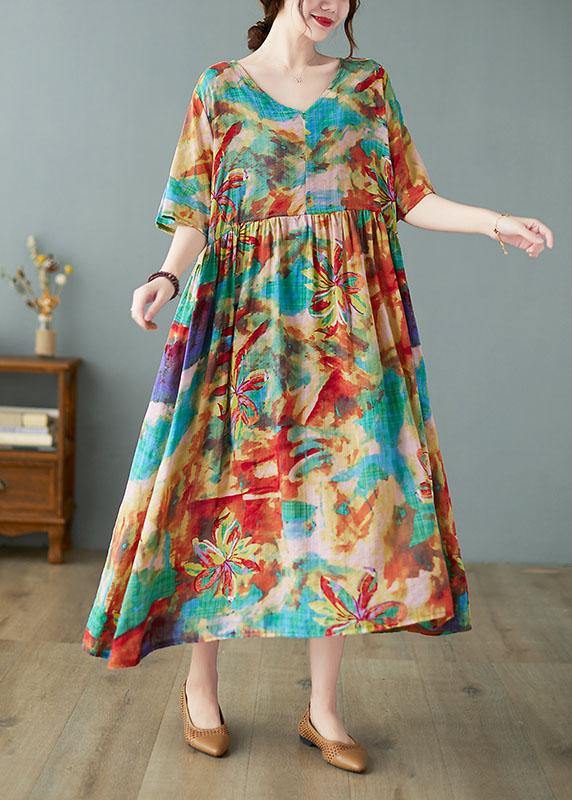 Handmade Print V Neck Patchwork Pockets Summer Long Dresses Half Sleeve - bagstylebliss