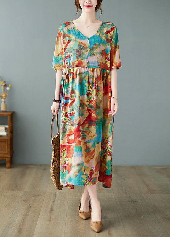 Handmade Print V Neck Patchwork Pockets Summer Long Dresses Half Sleeve - bagstylebliss