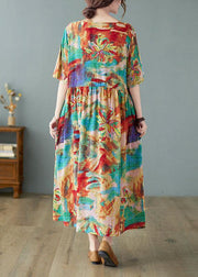 Handmade Print V Neck Patchwork Pockets Summer Long Dresses Half Sleeve - bagstylebliss