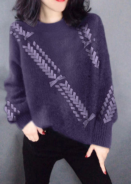 Handmade Purple Asymmetrical Casual Knit Knitted Tops Winter