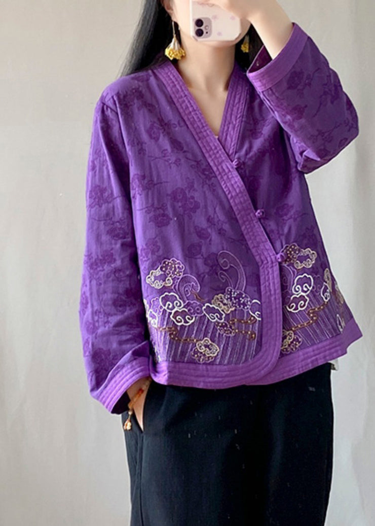 Handmade Purple Embroidered Floral Tops Long Sleeve