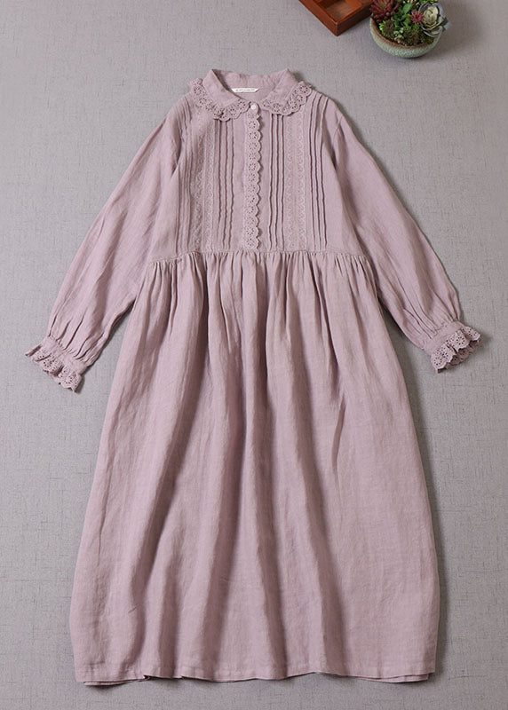 Handmade Purple Peter Pan Collar wrinkled Linen Maxi Dresses Spring