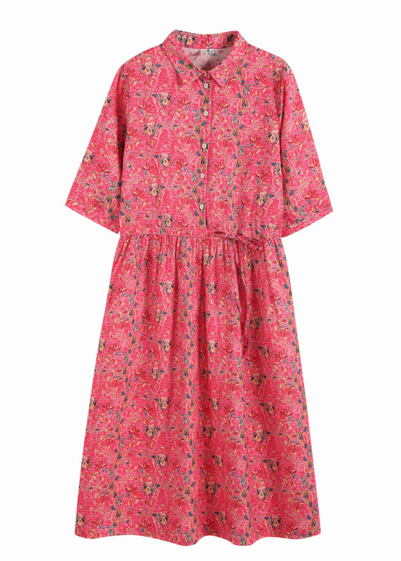 Handmade Red Drawstring Peter Pan Collar Print Linen Shirt Dress Half Sleeve