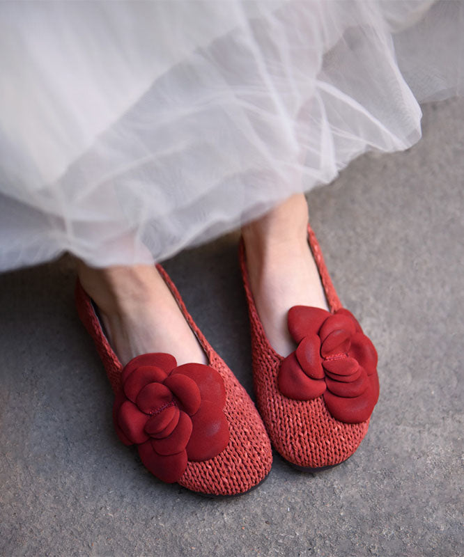 Handmade Red Flat Shoes Sheepskin Women Splicing Floral