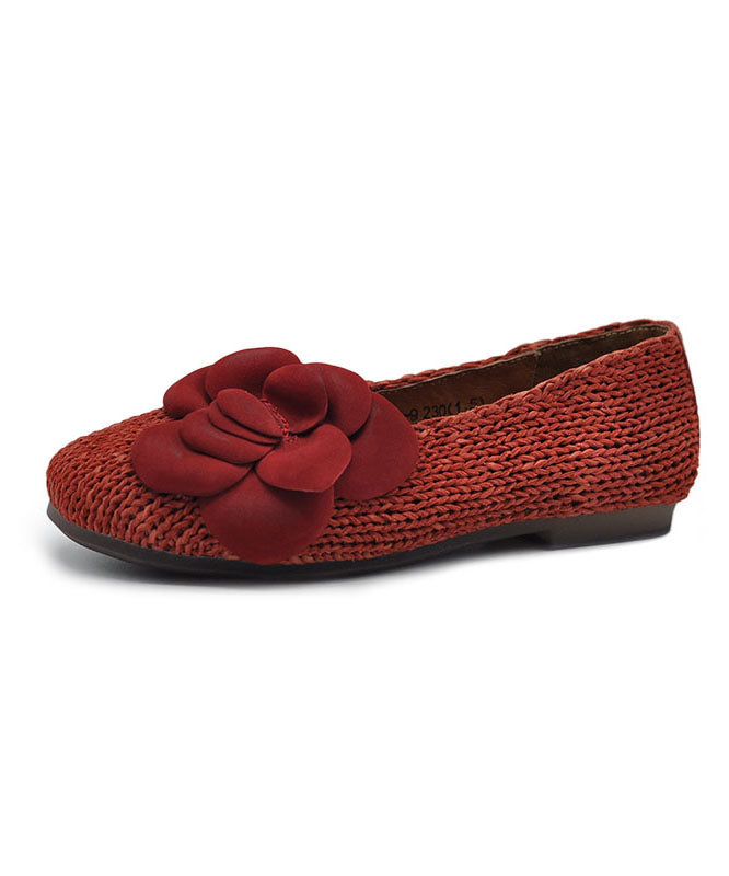 Handmade Red Flat Shoes Sheepskin Women Splicing Floral