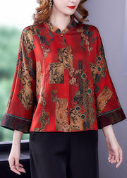 Handmade Red Original Design Mandarin Collar Print Silk Blouses Long Sleeve