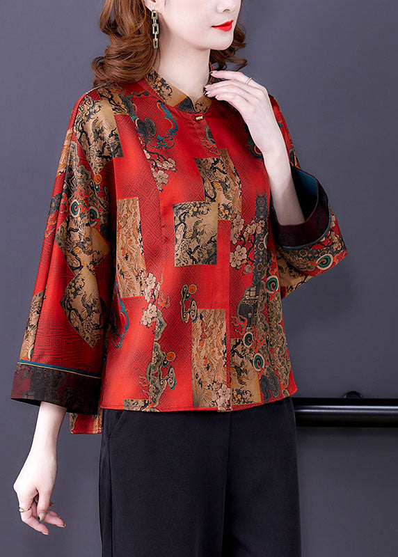 Handmade Red Original Design Mandarin Collar Print Silk Blouses Long Sleeve