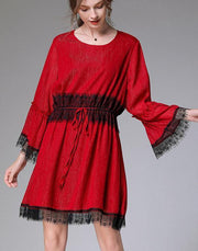 Handmade Red Patchwork Chiffon flare sleeve Summer Mini Dresses - bagstylebliss