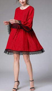 Handmade Red Patchwork Chiffon flare sleeve Summer Mini Dresses - bagstylebliss