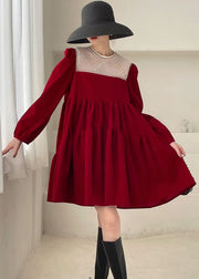 Handgefertigtes rotes Patchwork-Velours-Minikleid Frühling