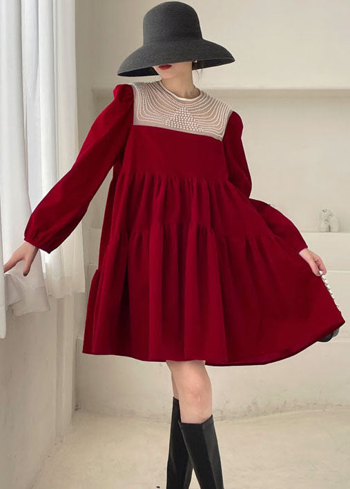 Handgefertigtes rotes Patchwork-Velours-Minikleid Frühling