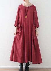 Handmade Red Pockets Long sleeve Loose Dress Fall - bagstylebliss