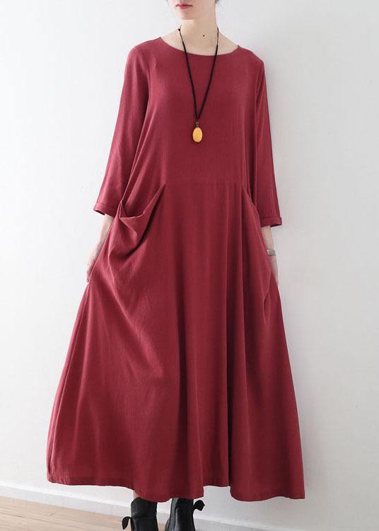 Handmade Red Pockets Long sleeve Loose Dress Fall - bagstylebliss