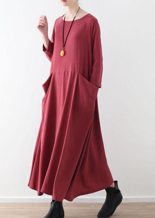 Handmade Red Pockets Long sleeve Loose Dress Fall - bagstylebliss