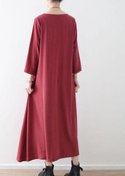 Handmade Red Pockets Long sleeve Loose Dress Fall - bagstylebliss