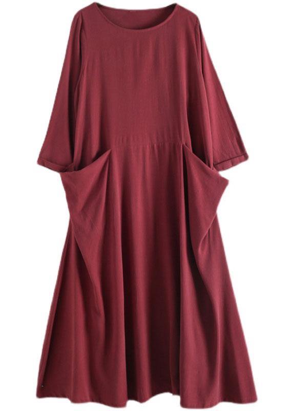 Handmade Red Pockets Long sleeve Loose Dress Fall - bagstylebliss