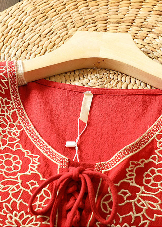 Handmade Red V Neck Embroideried Lace Up Wrinkled Patchwork Linen Tops Short Sleeve