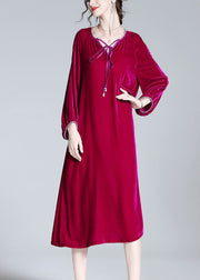 Handmade Red V Neck Neck Tie Solid Velour Maxi Dress Spring